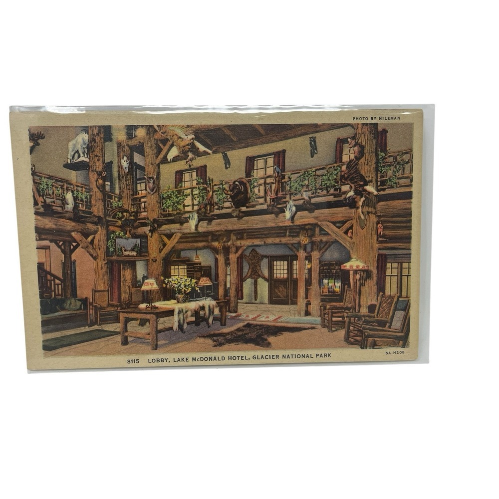 Lake McDonald Hotel Lobby Glacier‎ National Park Curt Teich VTG Linen Postcard